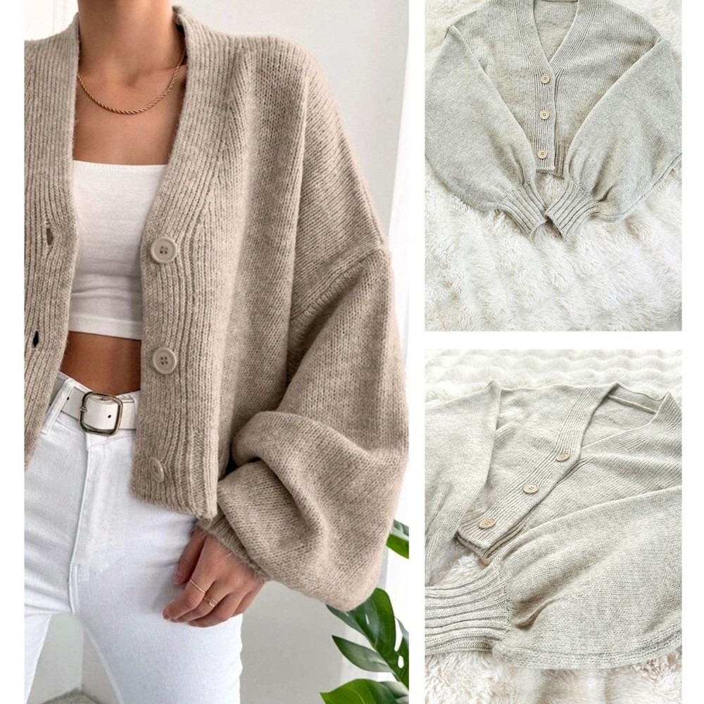 Cozy Cropped V-Neck Cardigan Sweater - Beige
